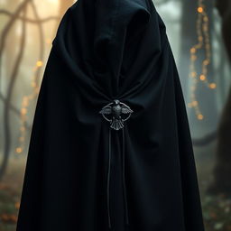 A magical black cloak adorned with a tiny raven clasp at the front, delicately fastening the fabric together