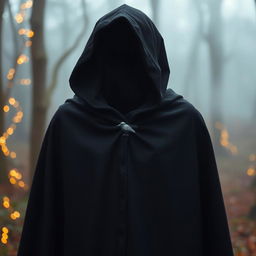 A magical black cloak adorned with a tiny raven clasp at the front, delicately fastening the fabric together
