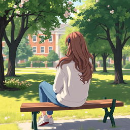 A high school girl sitting on a park bench in a school park, with her back turned to the viewer, gazing towards the school building