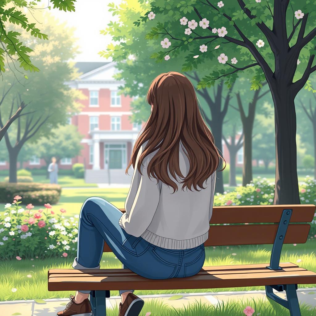 A high school girl sitting on a park bench in a school park, with her back turned to the viewer, gazing towards the school building