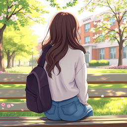 A high school girl sitting on a park bench in a school park, with her back turned to the viewer, gazing towards the school building
