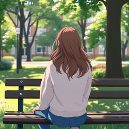 A high school girl sitting on a park bench in a school park, with her back turned to the viewer, gazing towards the school building