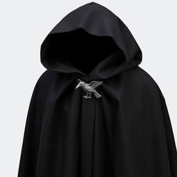 A magical black cloak featuring a tiny raven clasp at the front, intricately detailed and elegantly fastened, showcasing its enchanting fabric without any background