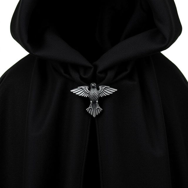 A magical black cloak featuring a tiny raven clasp at the front, intricately detailed and elegantly fastened, showcasing its enchanting fabric without any background