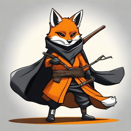 This is a high-quality digital art image depicting a ninja fox in a black and orange cloak, armed with a slingshot