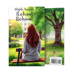 A creative front and back cover design for a novel featuring a high school girl sitting on a park bench