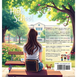 A creative front and back cover design for a novel featuring a high school girl sitting on a park bench