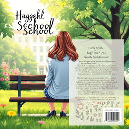 A creative front and back cover design for a novel featuring a high school girl sitting on a park bench