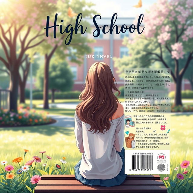 A creative front and back cover design for a novel featuring a high school girl sitting on a park bench