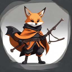 This is a high-quality digital art image depicting a ninja fox in a black and orange cloak, armed with a slingshot