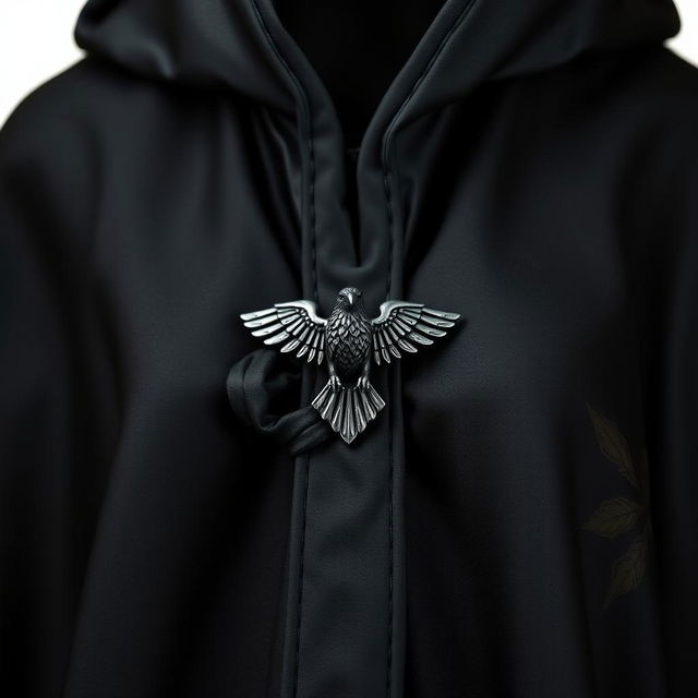 A fancy magical black cloak adorned with a tiny raven clasp at the front, intricately designed to enhance its elegance