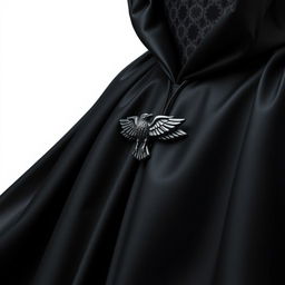 A fancy magical black cloak adorned with a tiny raven clasp at the front, intricately designed to enhance its elegance