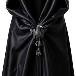 A fancy magical black cloak adorned with a tiny raven clasp at the front, intricately designed to enhance its elegance