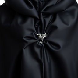 A fancy magical black cloak adorned with a tiny raven clasp at the front, intricately designed to enhance its elegance