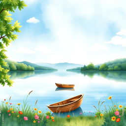 A serene lakeside scene for a book cover, featuring a calm lake surrounded by lush, green trees and soft hills in the background