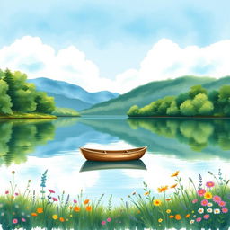 A serene lakeside scene for a book cover, featuring a calm lake surrounded by lush, green trees and soft hills in the background