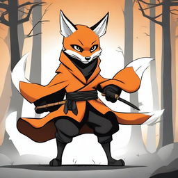 This is a high-quality digital art image depicting a ninja fox in a black and orange cloak, armed with a slingshot