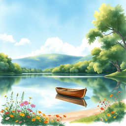 A serene lakeside scene for a book cover, featuring a calm lake surrounded by lush, green trees and soft hills in the background