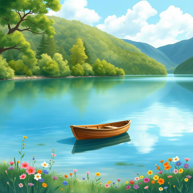 A serene lakeside scene for a book cover, featuring a calm lake surrounded by lush, green trees and soft hills in the background