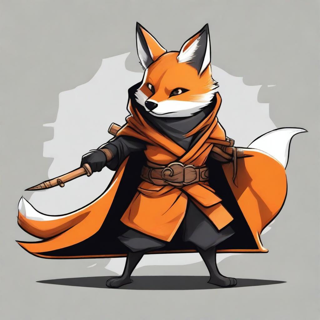 This is a high-quality digital art image depicting a ninja fox in a black and orange cloak, armed with a slingshot