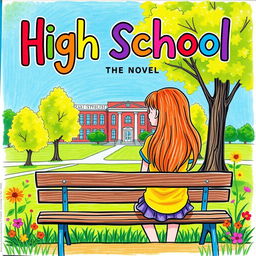 A colorful and playful cover design for a novel featuring a high school girl sitting on a park bench with her back to the viewer, observing the school building in the distance