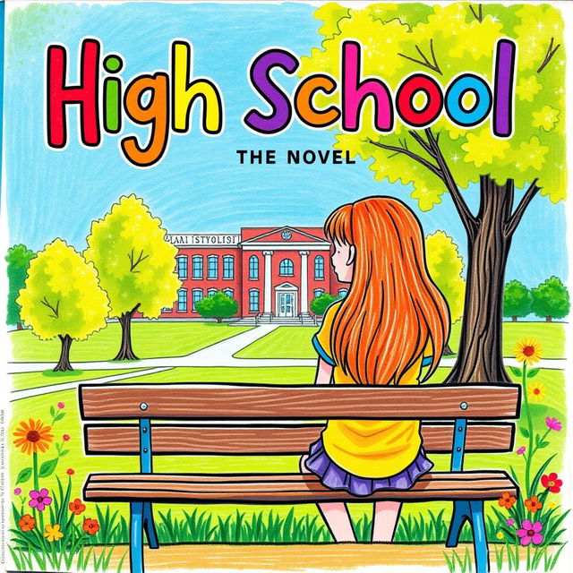 A colorful and playful cover design for a novel featuring a high school girl sitting on a park bench with her back to the viewer, observing the school building in the distance