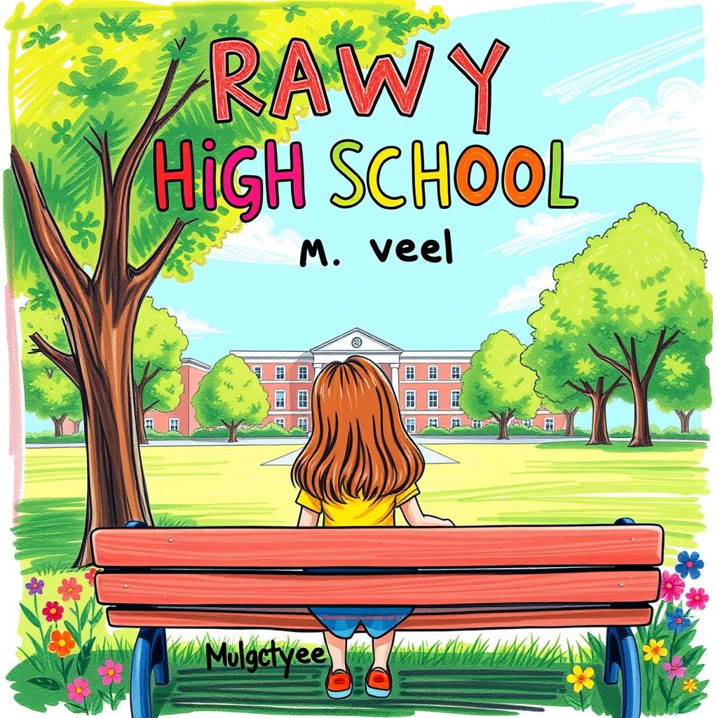 A colorful and playful cover design for a novel featuring a high school girl sitting on a park bench with her back to the viewer, observing the school building in the distance