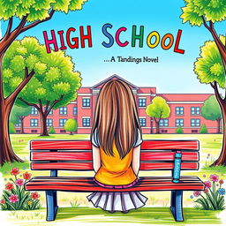 A colorful and playful cover design for a novel featuring a high school girl sitting on a park bench with her back to the viewer, observing the school building in the distance
