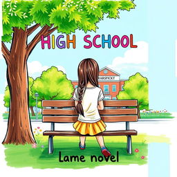 A colorful and playful cover design for a novel featuring a high school girl sitting on a park bench with her back to the viewer, observing the school building in the distance