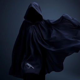 A flowing magical black cloak that cascades elegantly, featuring a tiny raven clasp at the front