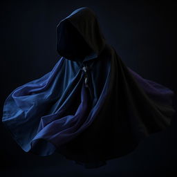 A flowing magical black cloak that cascades elegantly, featuring a tiny raven clasp at the front