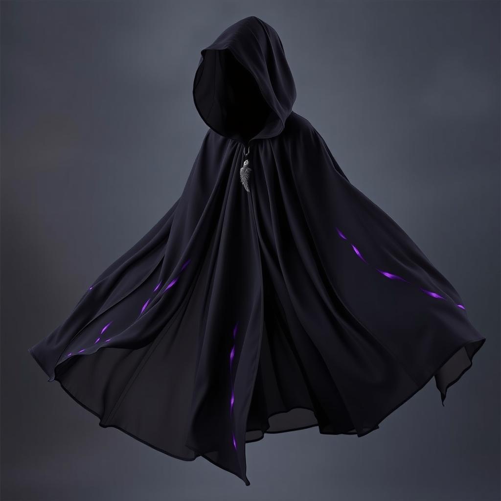 A flowing magical black cloak that cascades elegantly, featuring a tiny raven clasp at the front