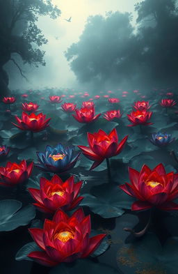 A surreal and mystical pond teeming with vibrant, violent lotuses