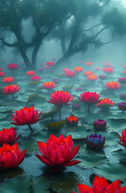 A surreal and mystical pond teeming with vibrant, violent lotuses