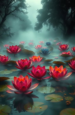 A surreal and mystical pond teeming with vibrant, violent lotuses