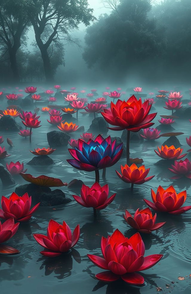 A surreal and mystical pond teeming with vibrant, violent lotuses