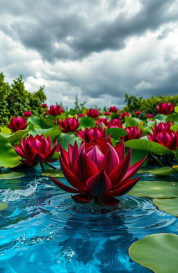 A vibrant, surreal scene of a pond filled with violent lotuses