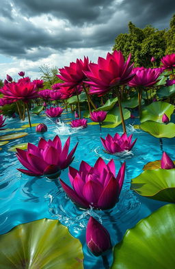 A vibrant, surreal scene of a pond filled with violent lotuses