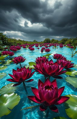 A vibrant, surreal scene of a pond filled with violent lotuses