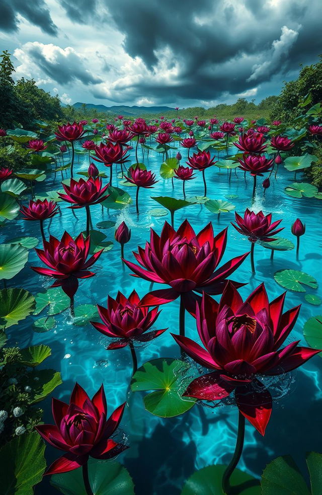 A vibrant, surreal scene of a pond filled with violent lotuses