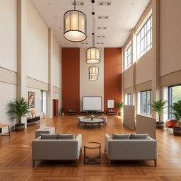 An interior design of a multipurpose hall, measuring 10 meters by 8 meters with a ceiling height of 5