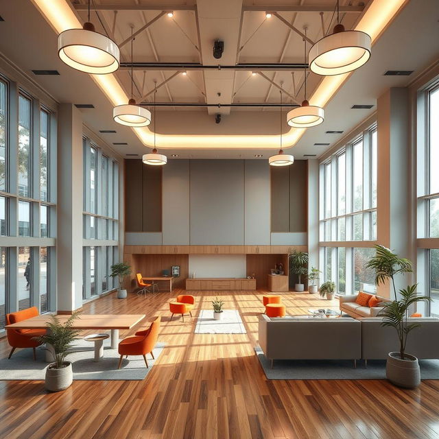 An interior design of a multipurpose hall, measuring 10 meters by 8 meters with a ceiling height of 5