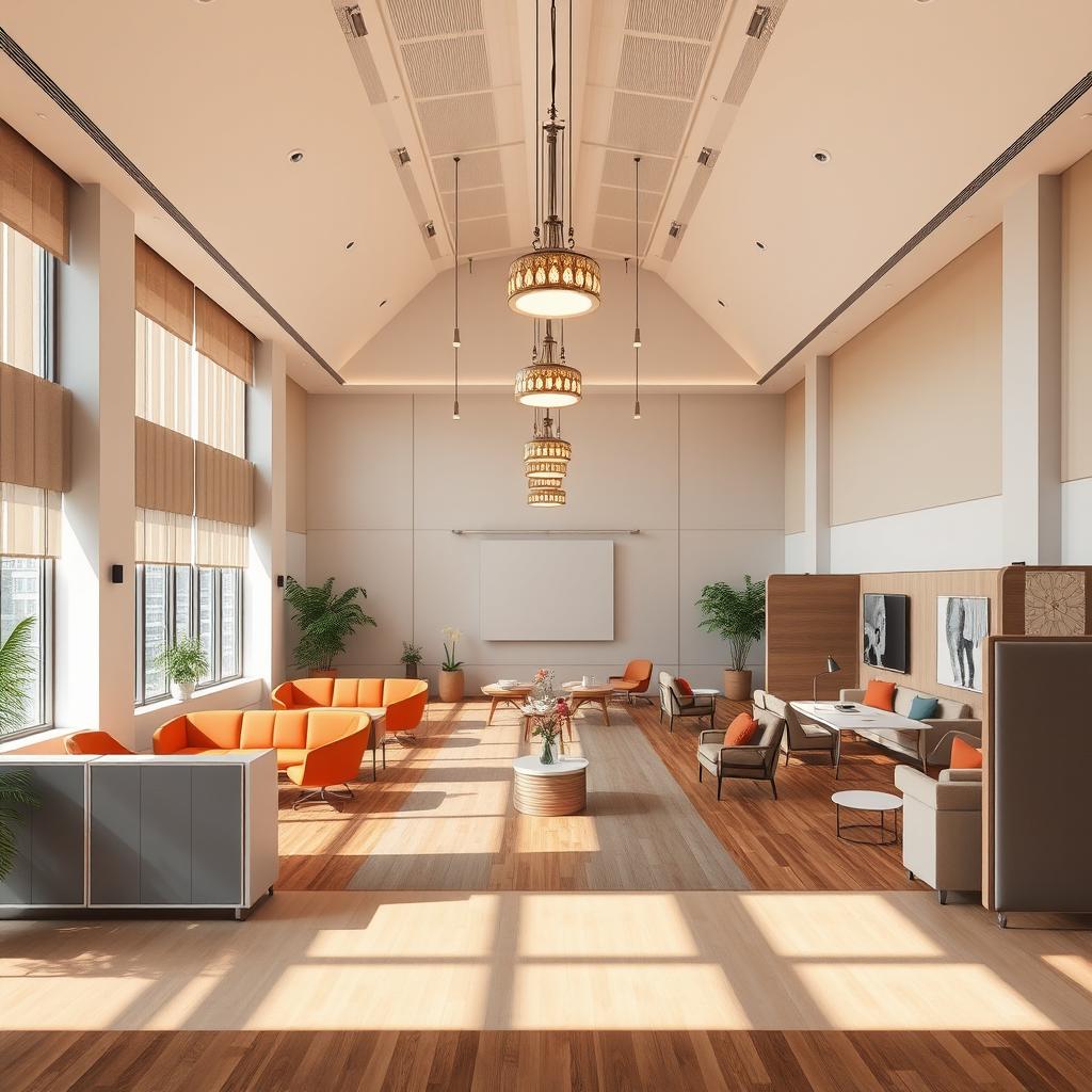 An interior design of a multipurpose hall, measuring 10 meters by 8 meters with a ceiling height of 5