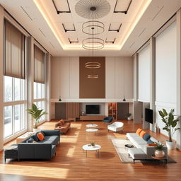 An interior design of a multipurpose hall, measuring 10 meters by 8 meters with a ceiling height of 5