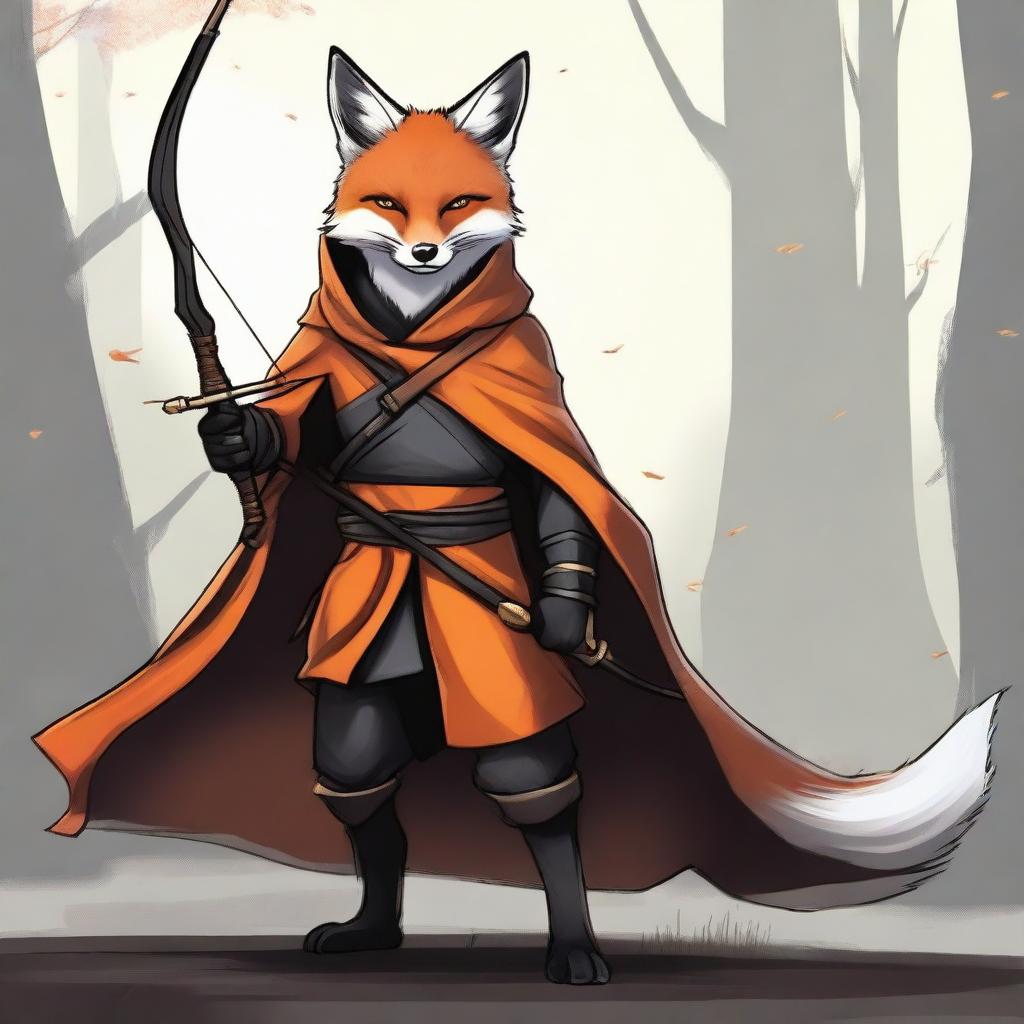 This is a high-quality digital art image featuring a ninja fox in a black and orange cloak, wielding a longbow