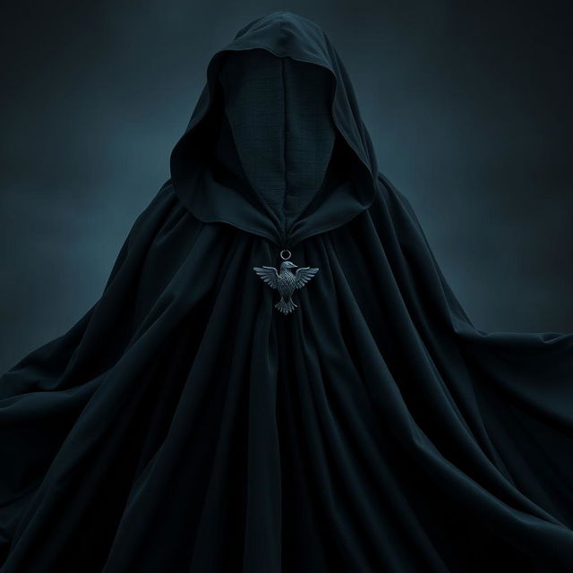 A flowing magical black cloak, elegantly draped and billowing as if caught in a soft, enchanting breeze