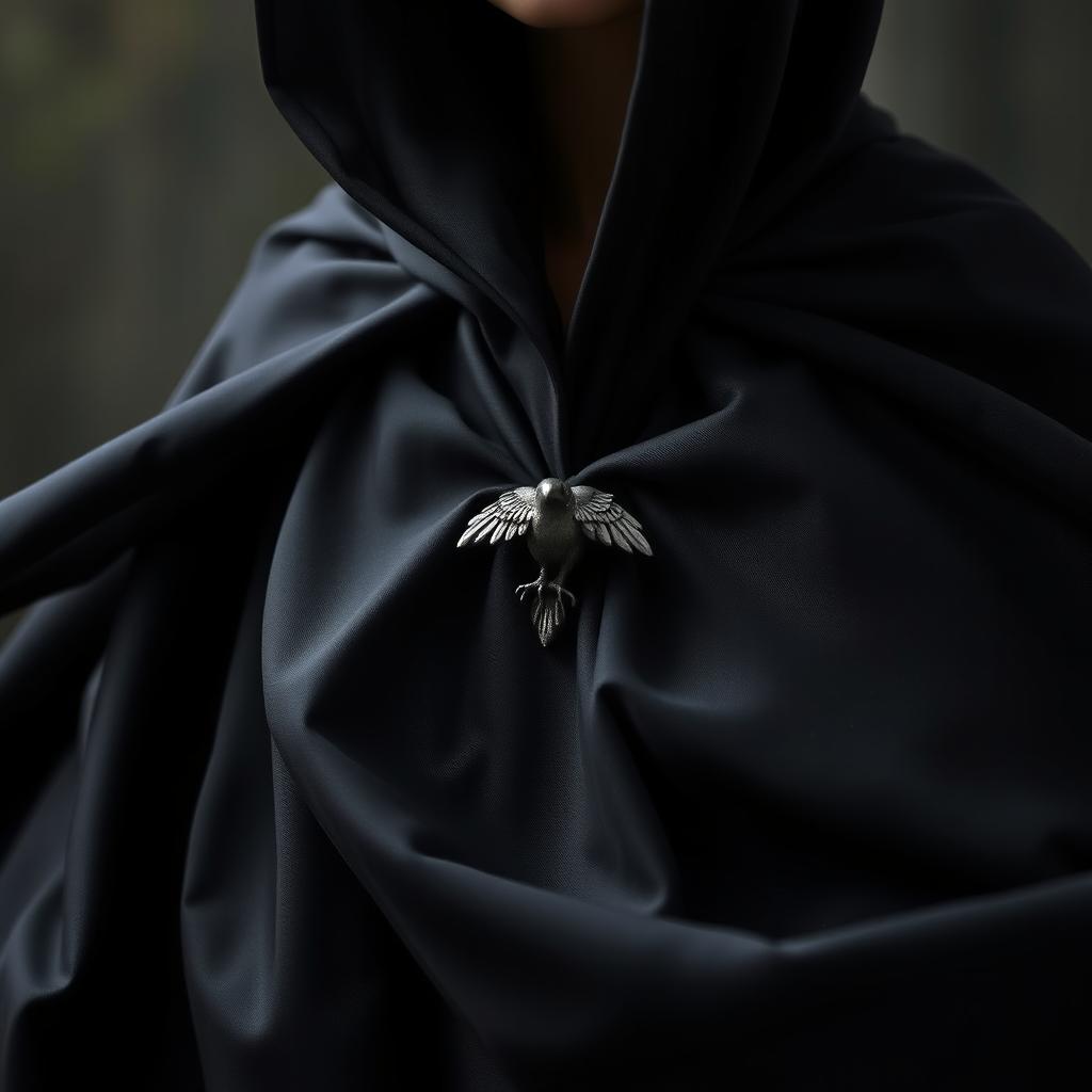 A flowing magical black cloak, elegantly draped and billowing as if caught in a soft, enchanting breeze