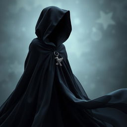 A flowing magical black cloak, elegantly draped and billowing as if caught in a soft, enchanting breeze