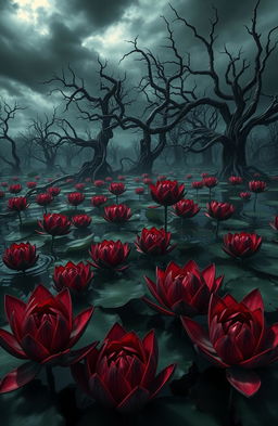A surreal scene of a pond filled with violent and aggressive-looking lotuses, their petals sharply defined with deep red and black colors