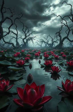 A surreal scene of a pond filled with violent and aggressive-looking lotuses, their petals sharply defined with deep red and black colors